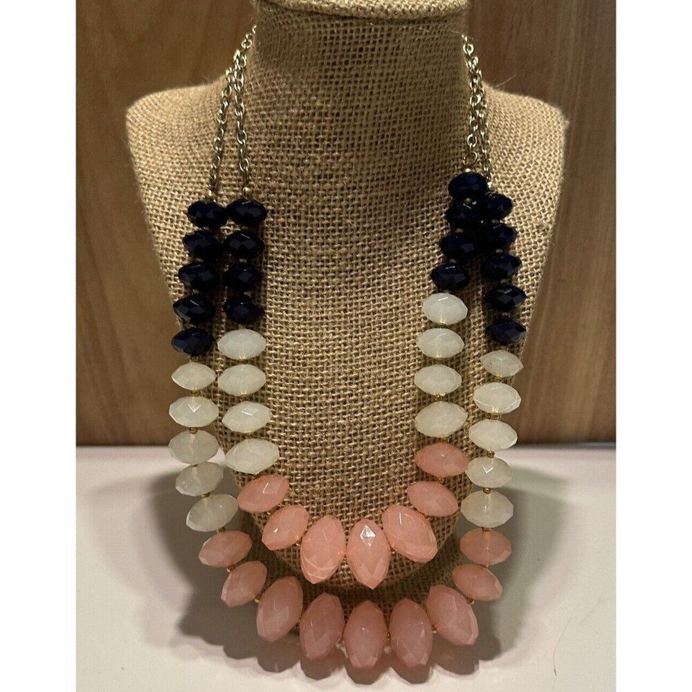 Double Strand Necklace Goldtone Chain Navy Blue White Pink Chunky Plastic Beach